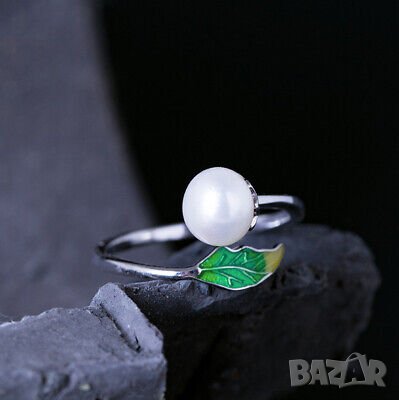 Дамски пръстен с перла и листо, снимка 3 - Пръстени - 41865176