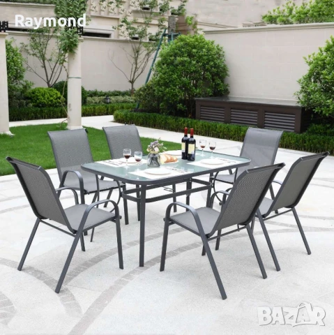 Метален Градински сет Napoli 7 части – Маса с Термо Стъкло и 6 Текстилни Стола, снимка 5 - Градински мебели, декорация  - 51148008