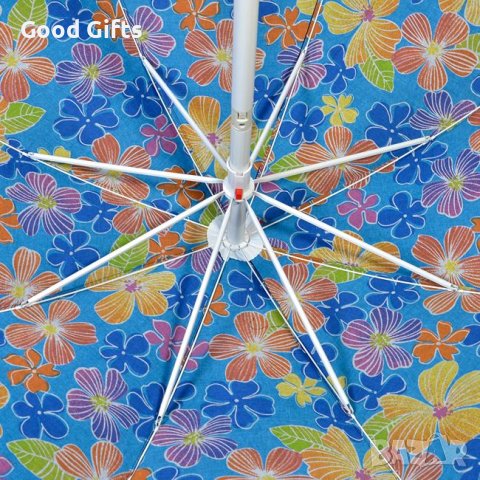 Ветроустойчив плажен чадър 2м, Тъмносин с цветя, снимка 2 - Други - 41360164