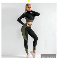 Дамски фитнес комплект от 2  части, черно/зелено безшевен , снимка 1 - Спортни екипи - 42121259
