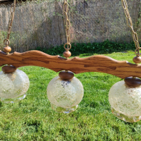 Уникален масивен дървен полилей с красиви стъкленици, синджири и розетка , снимка 1 - Лампи за таван - 44928643