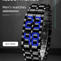 Моден черен изцяло метален дигитален лава ръчен часовник Мъжки син LED дисплей , снимка 1 - Мъжки - 40954082