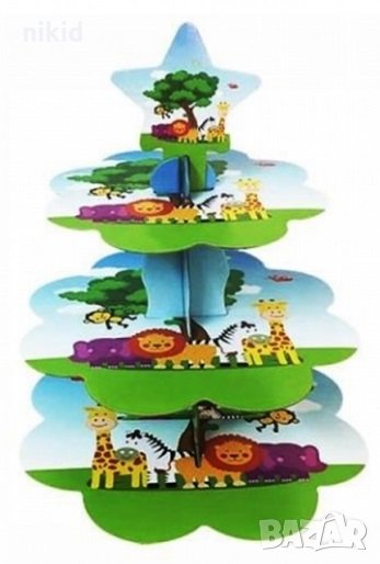 3 етажна Триетажна поставка стойка за мъфини картонена Зоо Диви животни Джунгла сафари кексчета, снимка 1