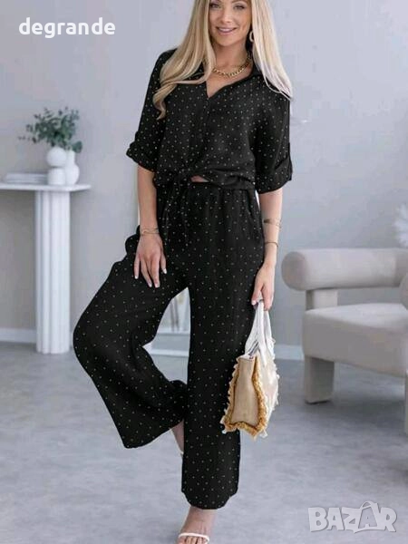 Дамски черен сет риза с панталон с камъни , снимка 1