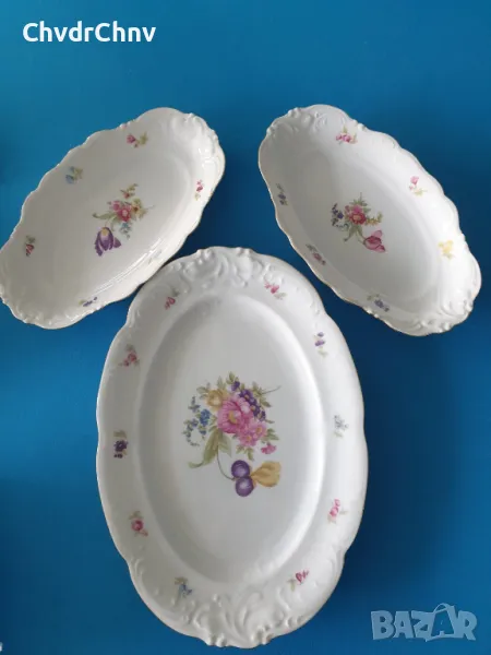 KPM Poland чиния 33-25см/3бр КПМ стари немски порцеланови чинии-плата/цветя-злато, снимка 1
