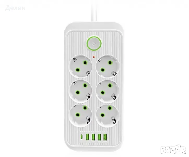 Разклонител 220V с 6 гнезда, 4 USB порта + 2xType C, Digital One SP00985, Бял, 1.5 м, 2500W, с ключ., снимка 1