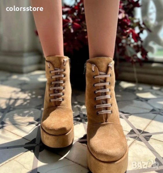Боти на ток - бежов велур - NK9, снимка 1