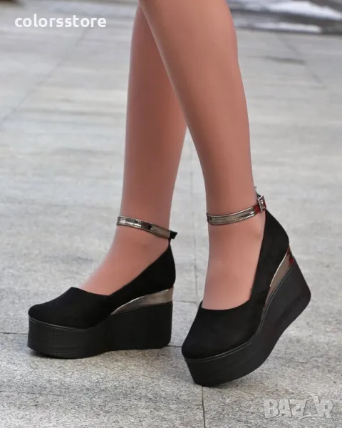 Обувки на платформа - черен велур и бронз лак - 125K, снимка 1