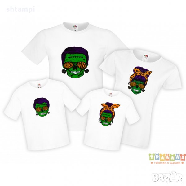 Семеен комплект тениски Хелоуин Frankenstein Skull Family, снимка 1