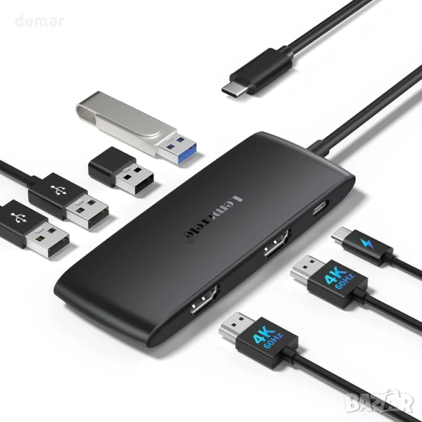 Докинг станция Lemorele за два монитора - 7-в-1 USB-C хъб с 2 HDMI 4K@60Hz, USB 3.0 и 3хUSB 2.0, снимка 1