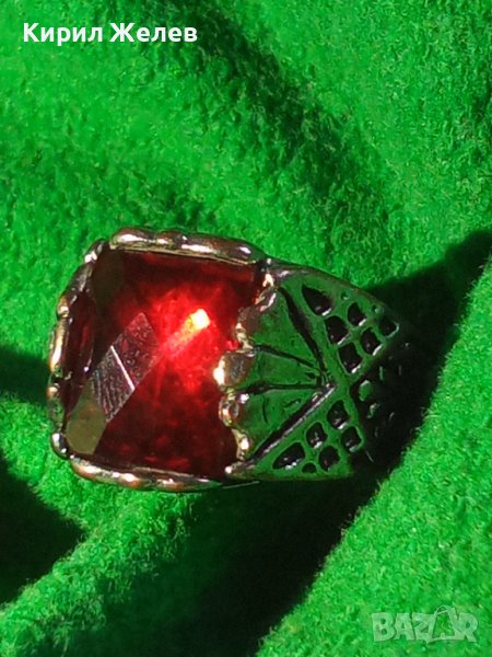 СТАР МЕДЕН ПОСРЕБРЕН ПРЪСТЕН с ЮВЕЛИРНО ФАСЕТИРАН ГОЛЯМ ГРАНАТ АРИСТОКРАТИЧНО АРТ ДЕКО БИЖУ 25194, снимка 1