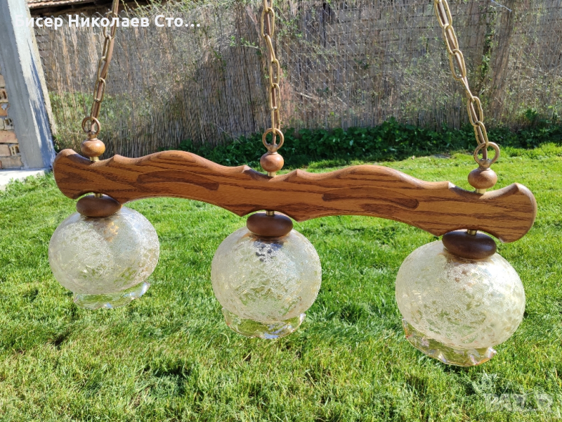 Уникален масивен дървен полилей с красиви стъкленици, синджири и розетка , снимка 1