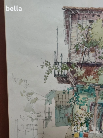 Стар  акварел с паспарту ,смесена техника на Вл.Мански само акварела е с размери 38/45 см., снимка 5 - Антикварни и старинни предмети - 53677297