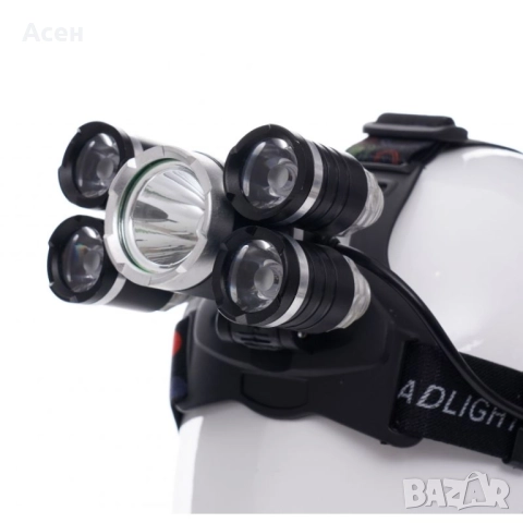 Супер мощен LED челник с акумулаторни батерии и 5 LED диода, снимка 2 - Екипировка - 52192883