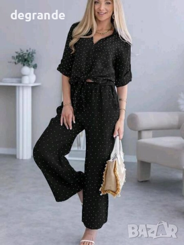 Дамски черен сет риза с панталон с камъни 