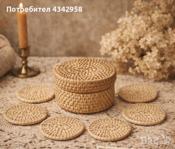 Vintage.Ръчно плетен комплект от ратан. Кошничка + 6 подложки.