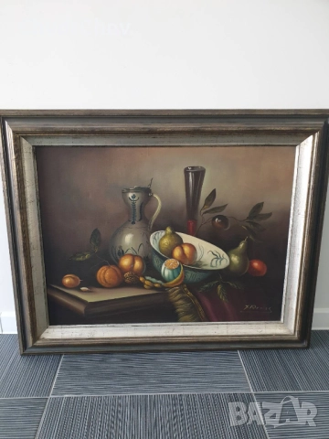 Rens 100х80см/стара голяма картина масло върху платно/натюрморт/маса-съдове-плодове/дървена рамка