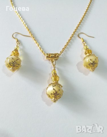 Уникално красив комплект бижута с камъни Котешко око и разкошни орнаменти в цвят злато , снимка 1