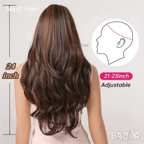 Тъмно кафява перука с кичури и дълъг бретон, снимка 4 - Аксесоари за коса - 52899911