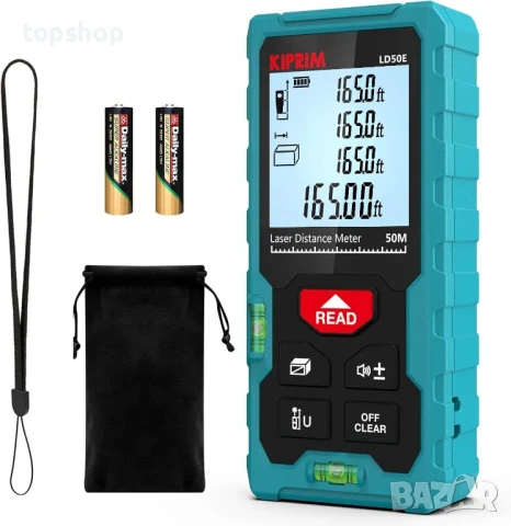 Лазерна ролетка Kiprim LD50E 50M, 2 нивелира, LCD дисплей с подсветка, превключване метри/футове/инч