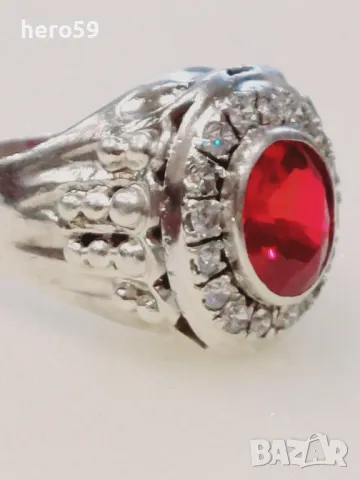Огромен мъжки сребърен пръстен с рубин и циркони(фараон), снимка 7 - Пръстени - 48462715