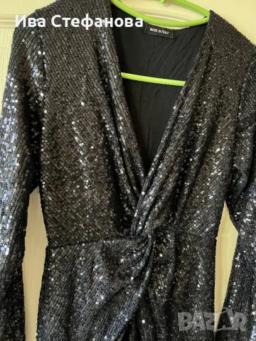  Italy блестяща къса V образно деколте парти коктейлна официална черна еластична  рокля пайети, снимка 5 - Рокли - 47645537