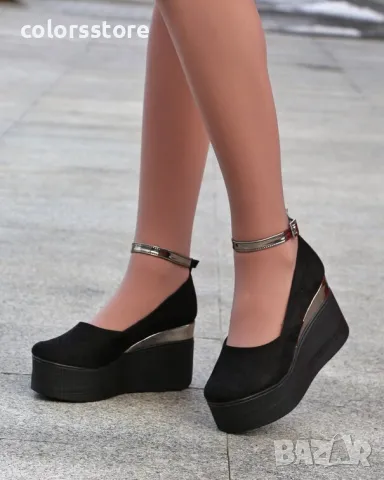 Обувки на платформа - черен велур и бронз лак - 125K
