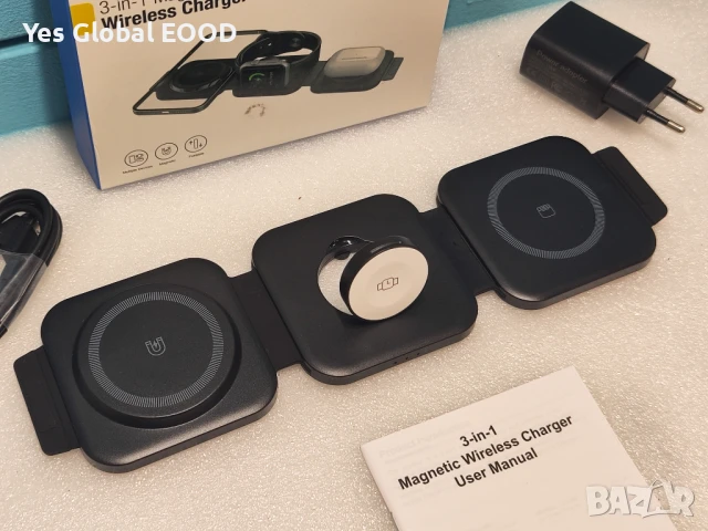 Сгъваемо магнитно безжично зарядно 3 в 1 – 15W, черно, снимка 3 - Безжични зарядни - 51325056