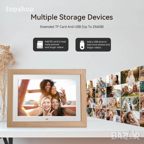 Чисто нова 10.1" Дигитална фото рамка BWJBSW – HD IPS екран и дървена рамка (Без WiFi)  , снимка 5 - Електронни четци - 53578518