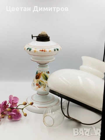 антикварна петролна лампа с основа от опалиново стъкло и абажур от матирано стъкло, около 1900 г, снимка 6 - Антикварни и старинни предмети - 51953869