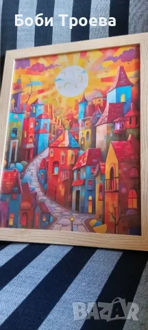 Ярка фантазийна селска сцена с цветни къщи и слънчев дизайн, снимка 2 - Картини - 50304290