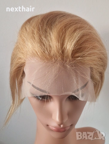 Къса руса естествена перука тип Пикси - 13x4, снимка 6 - Аксесоари за коса - 53583682