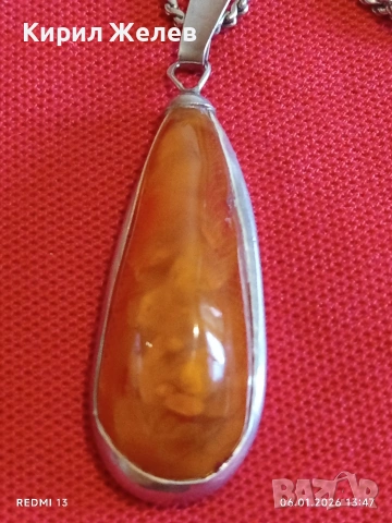 Сребърен ланец плетка тип КОРАБНО ВЪЖЕ и висулка с КЕХЛИБАР ювелирна изработка 47258, снимка 2 - Колиета, медальони, синджири - 53005809