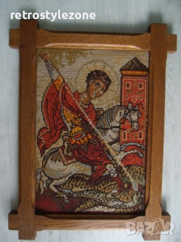 № 6978 стар гоблен "Свети Георги Победоносец"   - с дървена рамка  - размери - с рамка 53 / 40 см , , снимка 5 - Други ценни предмети - 40669109