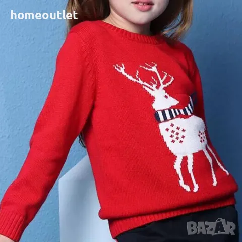 ПРОМОЦИЯ Коледен детски пуловер, р-р 120см / р-р 130см, червен с елен, снимка 2 - Детски пуловери и жилетки - 48392405