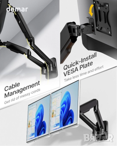 Стенна стойка monTEK за два монитора 17–32 инча, до 9 кг всеки, снимка 7 - Стойки, 3D очила, аксесоари - 52272833