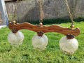 Уникален масивен дървен полилей с красиви стъкленици, синджири и розетка , снимка 1 - Лампи за таван - 44928643