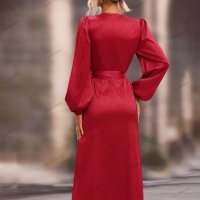 Дамска едноцветна миди рокля с V-образно деколте и дълги ръкави, 5цвята -023, снимка 4 - Рокли - 39756420