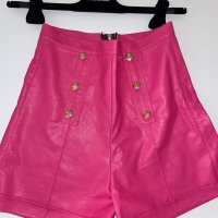 Нови кожени къси панталони бонбонено розови с висока талия , снимка 10 - Къси панталони и бермуди - 39840459