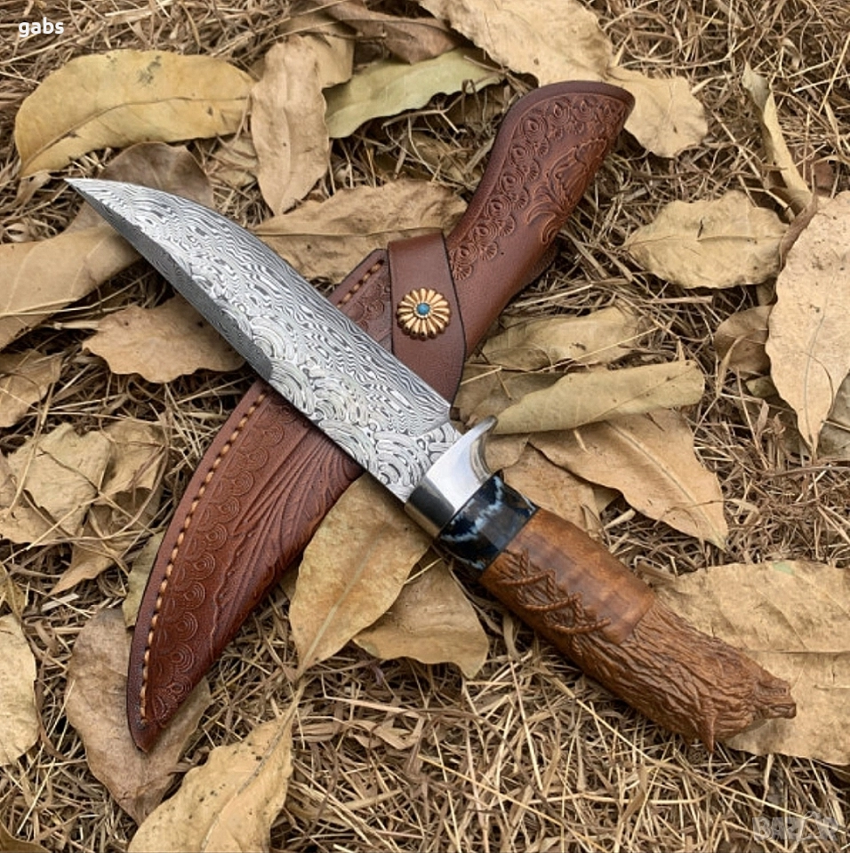 Японски ловен нож MYATO WOOLF DAMASK с кожена кания,LN429, снимка 1