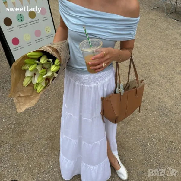 Дълга бяла клоширана пола с цепка, снимка 1