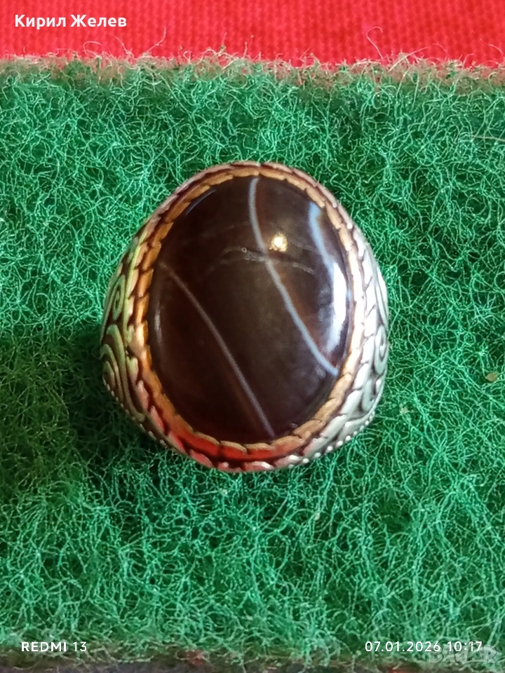 Винтидж сребърен пръстен орнаментиран ювелирно полиран ЧЕРЕН АХАТ уникален много красив 48799, снимка 1