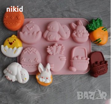 Великденски 6 големи яйце заек пиле морков кошница силиконов молд форма фондан гипс шоколад сапун, снимка 1