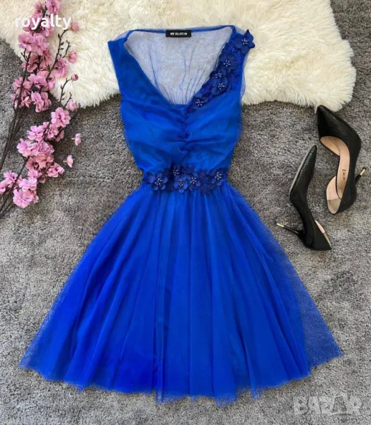 Рокля с тюл в цвят турско синьо, снимка 1