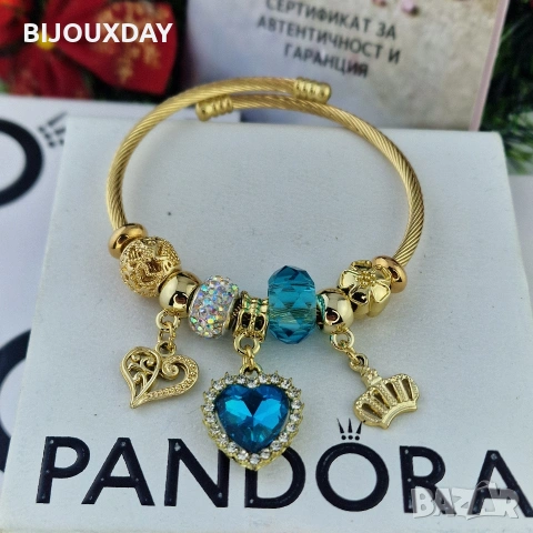 гривна pandora синьо сърце от медицинска стомана с 18 карата златно покритие