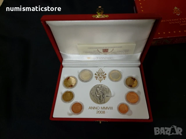 Ватикана PROOF 2008 г. - комплектен сет от 1 цент до 2 евро + възпоменателен сребърен медал, снимка 5 - Нумизматика и бонистика - 50812610