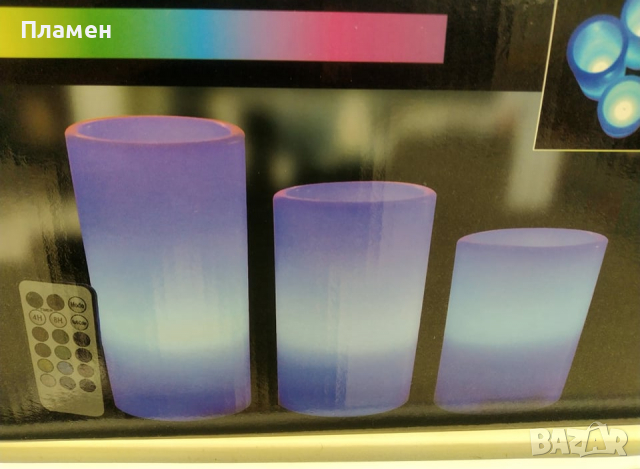 3 бр. LED свещи с променящ се цвят и дистанционно 15х7 см 12,5х7 см 10х7 см
