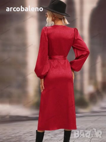 Дамска едноцветна миди рокля с V-образно деколте и дълги ръкави, 5цвята -023, снимка 4 - Рокли - 39756420