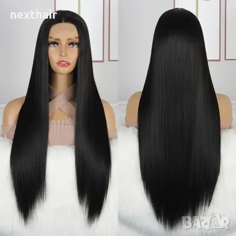 Черна синтетична 80 см права плътна перука с дантела 1X4 T-Part на път, снимка 2 - Аксесоари за коса - 47502844