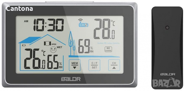 BALDR безжичен вътрешен/външен термометър и хигрометър, сензорен екран с монитор за температура/влаж